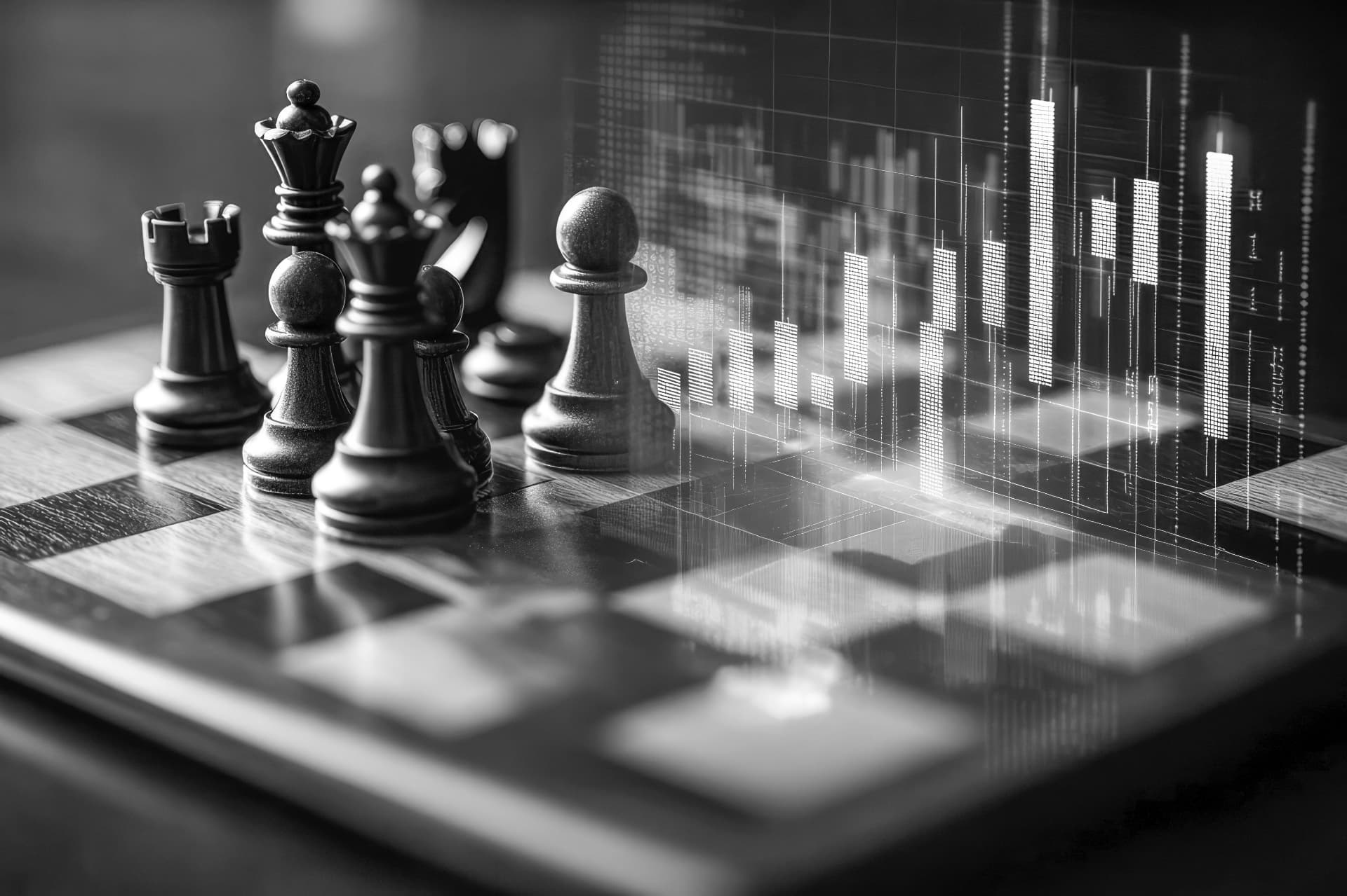Strategieberatung — Schachfiguren vor abstraktem Marktchart in Schwarz-Weiß